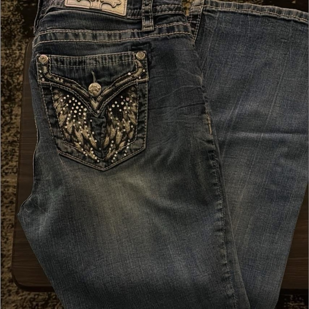 Miss Me Dark Blue Boot Cut Jeans with Embellished Pockets